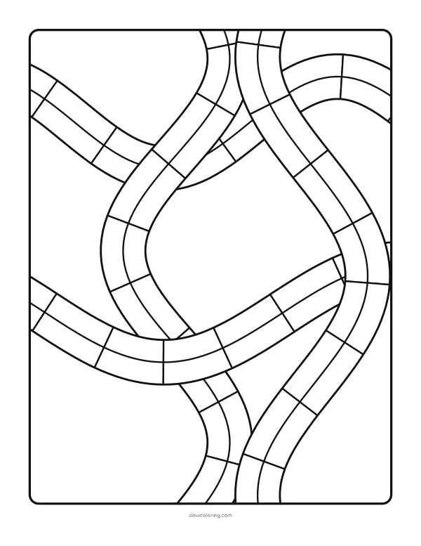 Four wide ribbons swirling across the page and over each other, split into segments