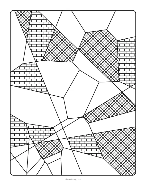 Irregular shards like broken glass, cut by long straight lines, some filled with patterns