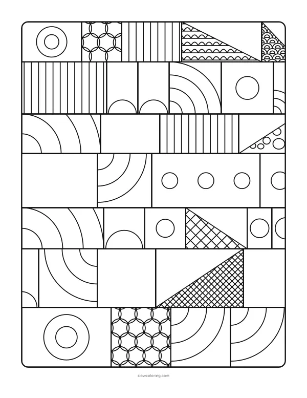 Rows of blocks with circles, half circles, arcs, stripes and patterned triangles