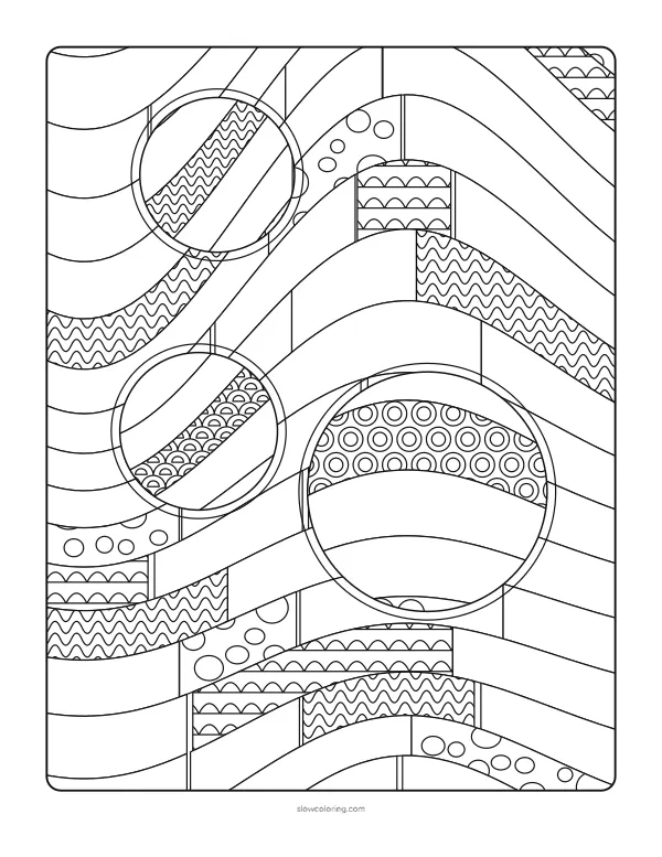 Many fine wavy bands with tangle patterns in every third band and circles where they shift