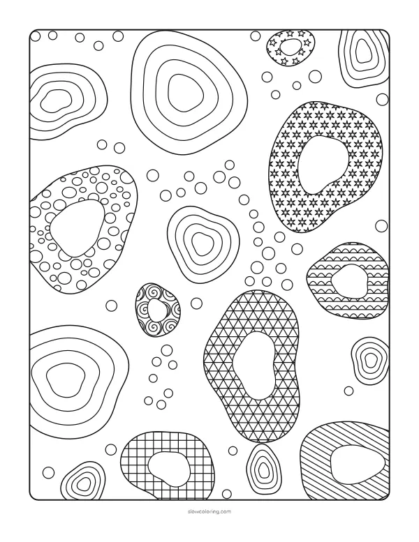 Many organic blobs with nested outlines and tangle fills, with small pebbles between them