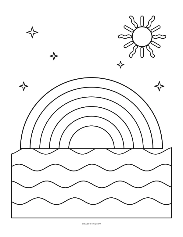 Large five-band rainbow arch over wavy hills, with a small sun and sparkles