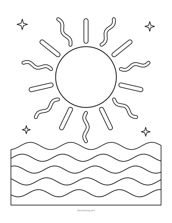 Round sun with alternating straight and wavy rays above bands of wavy lines