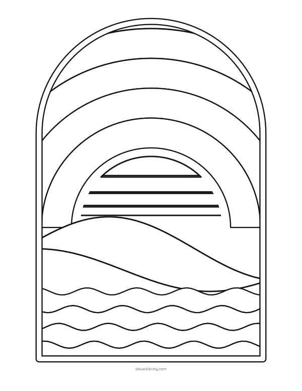 Arched frame with a striped half sun setting behind soft hills, sky arcs and wavy water