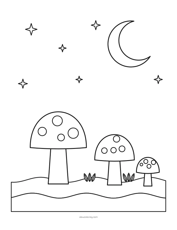 Three dotted mushrooms on wavy ground under a crescent moon and sparkles