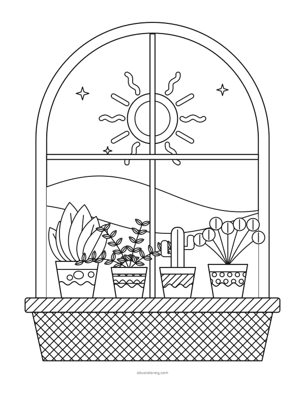 Arched window with a sun and hills outside, and four potted plants on the floor below