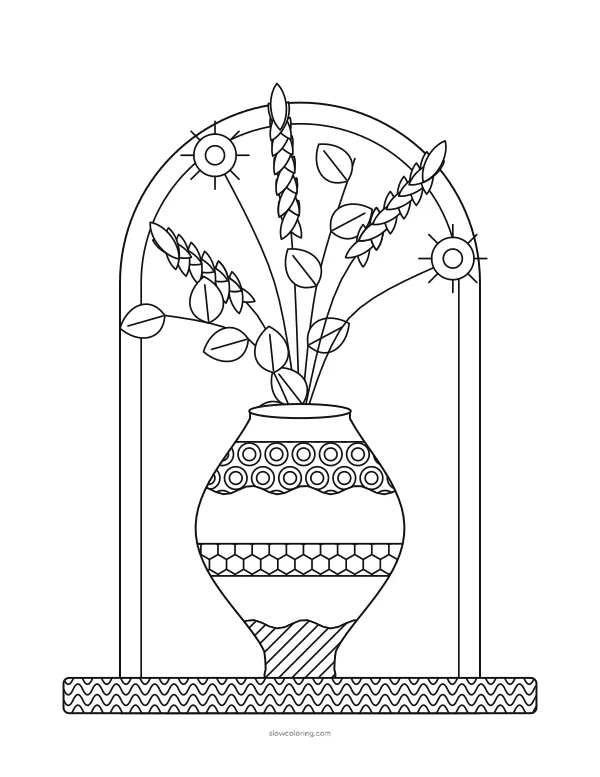 Banded vase with dried plumes, seed heads and small leaves in front of an arch
