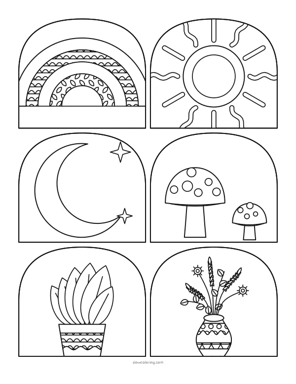 Six arched frames with a rainbow, a sun, a moon, mushrooms, a potted plant and a vase