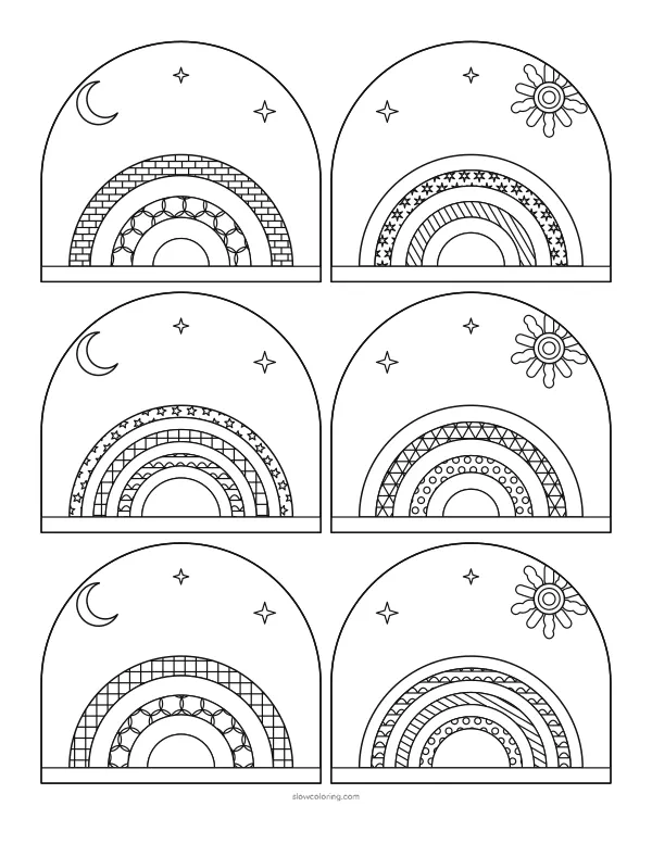 Six patterned rainbows inside arched frames, each with different bands