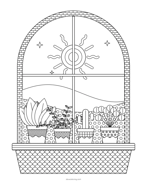 Detailed arched window with a brick surround, sun and hills, and potted plants with patterned leaves