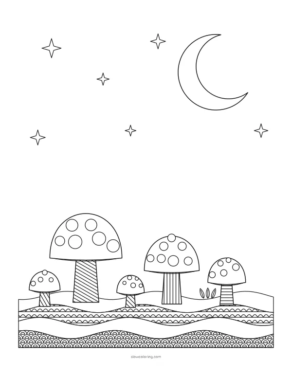 Five mushrooms with dotted caps and striped stems under a crescent moon, with grass and sparkles