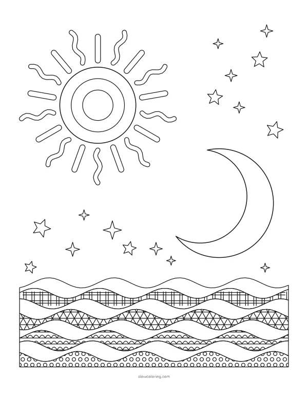 Sun with wavy rays, a crescent moon, stars and sparkles above fine wavy bands