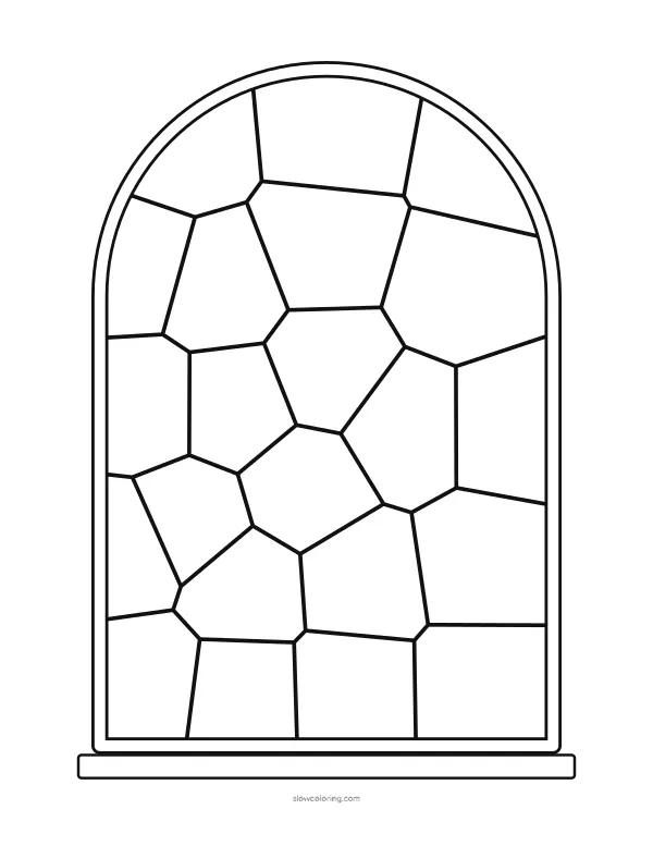 Easy arched stained glass window with large panes and bold lead lines