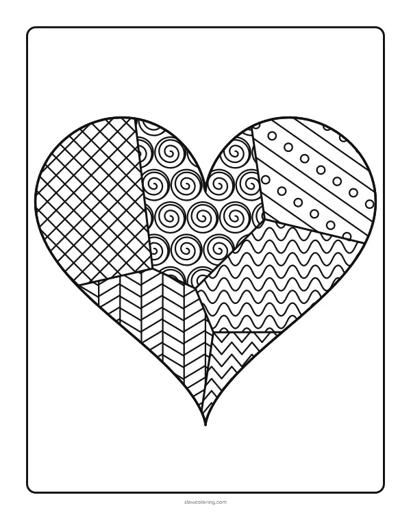Large heart divided into a few big sections with simple patterns and bold lines