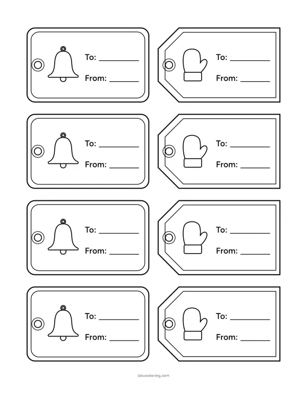 Eight gift tags with bells and mittens, To and From lines