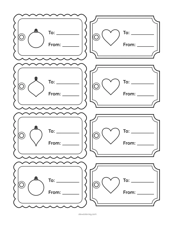 Eight scalloped and ticket gift tags with ornaments and hearts
