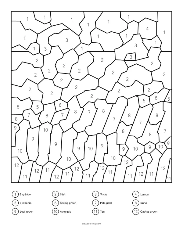 Easy color by number with big cells: hills, fields and a sun