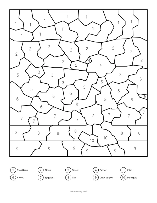 Easy color by number with big cells: mountains and a lake at sunset