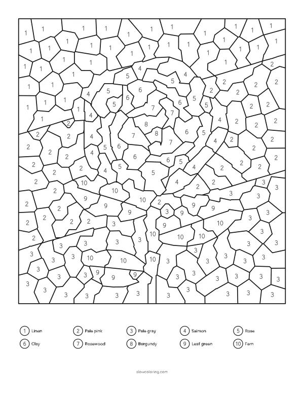 Mosaic color by number of a swirling rose head with leaves