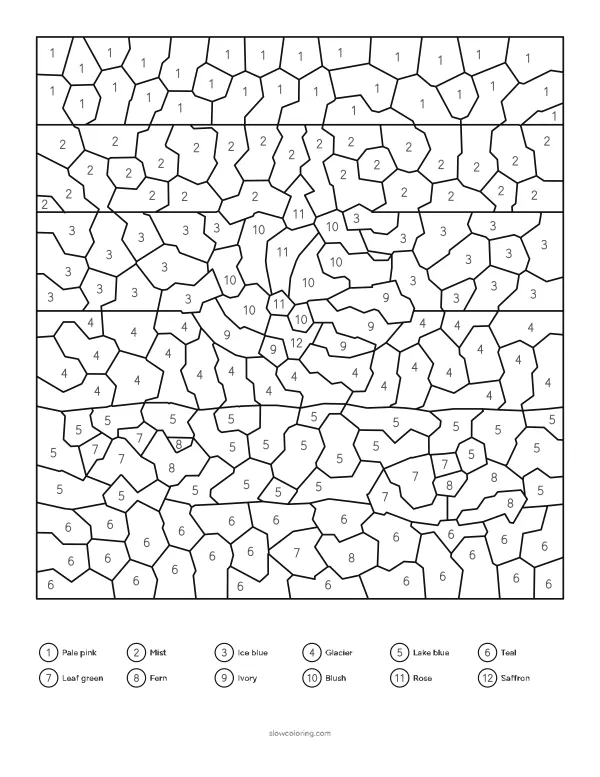 Mosaic color by number of a pink lotus with lily pads on water