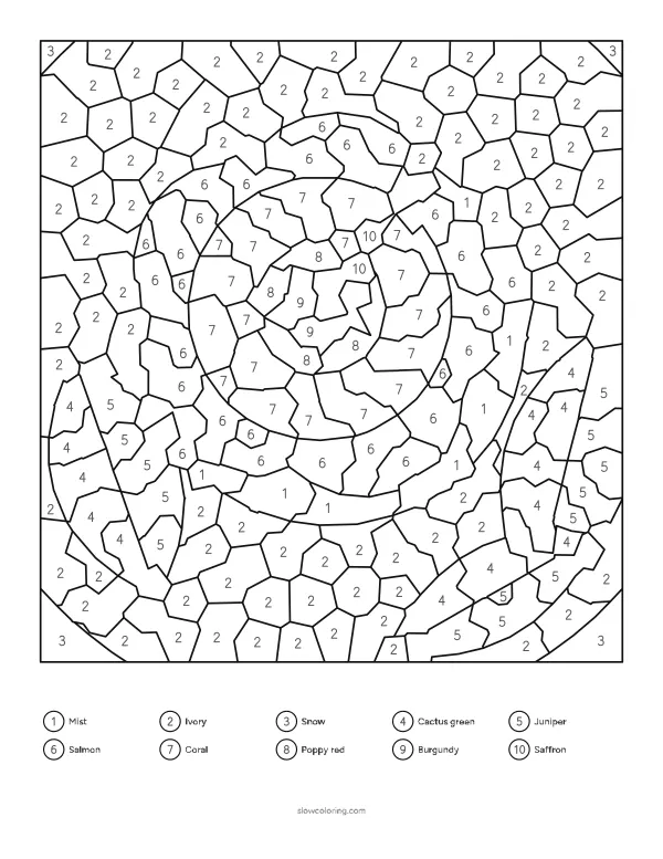 Mosaic color by number of a five petal hibiscus flower with leaves