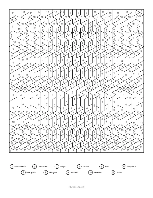 Geometric color by number: pinwheels of triangles inside hexagons