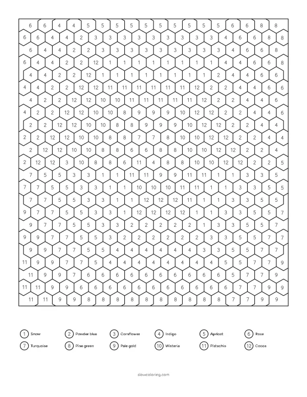 Geometric color by number: a sunburst of hexagon cells