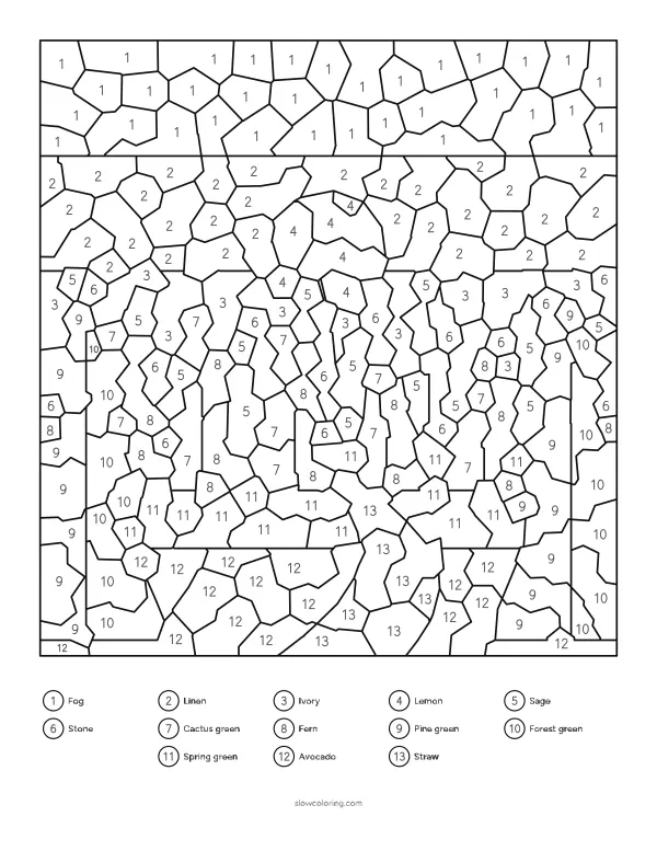 Mosaic color by number of rows of pine trees and a winding path