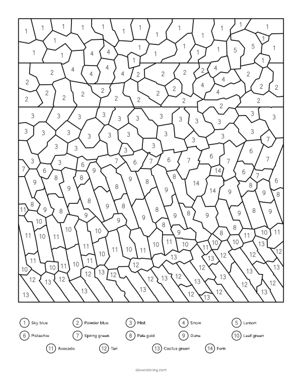 Mosaic color by number of rolling hills with striped fields, clouds and a tree