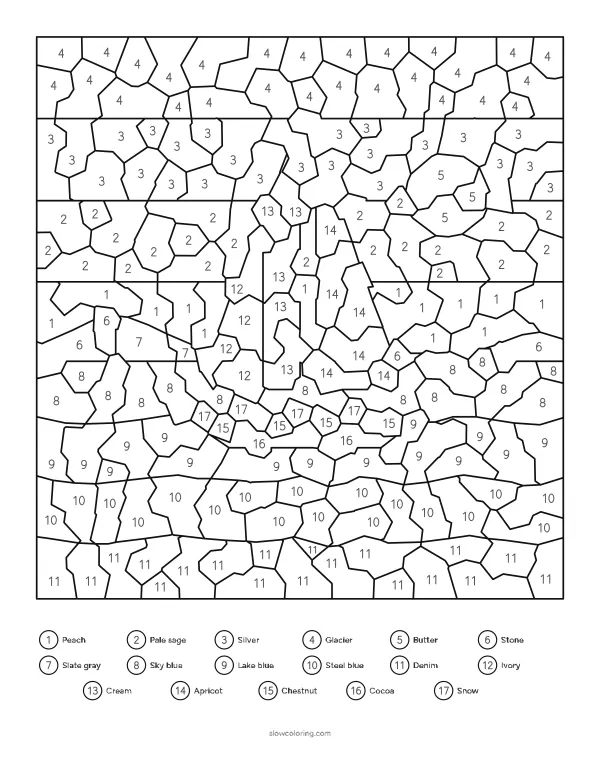 Mosaic color by number of a sailboat on the sea with islands and a low sun