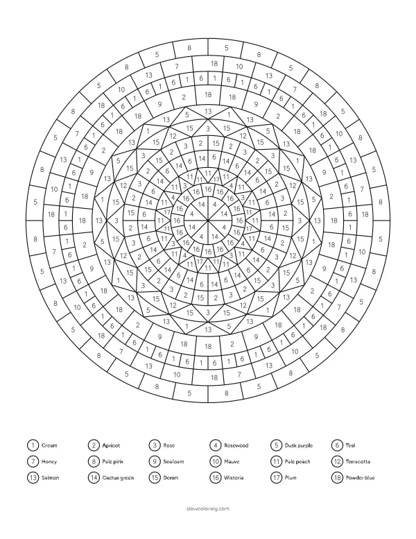 Detailed mandala color by number with many rings