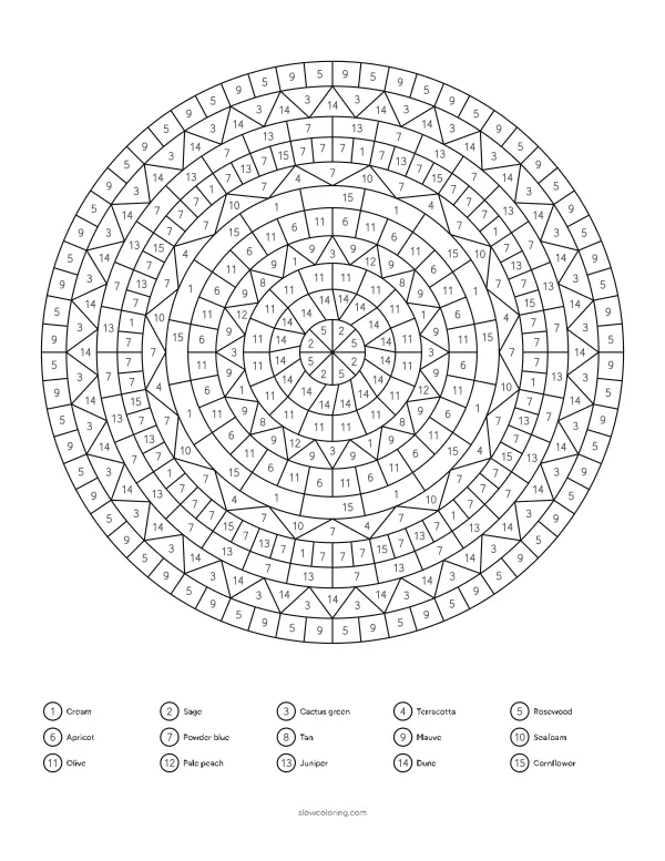 Detailed mandala color by number with fine sectors