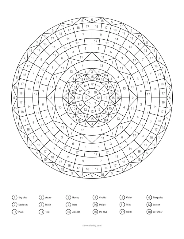 Detailed mandala color by number with zigzag and radial rings