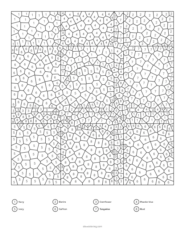 Abstract mosaic color by number: rectangles of color with a circle