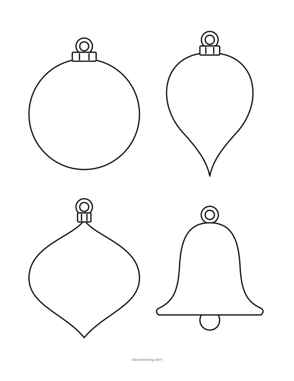 Round, teardrop, onion and bell ornament outlines, four per page