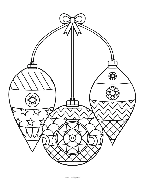 Three large ornaments hanging on ribbons from one bow