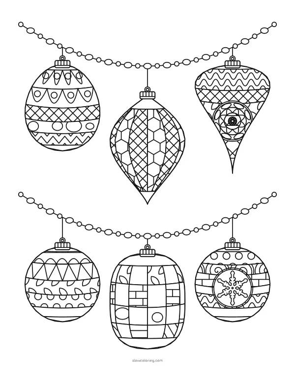 Two bead garlands across the page with six hanging ornaments