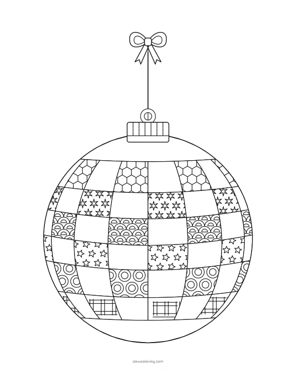 Round ornament divided into a curved checker of patterned and open cells