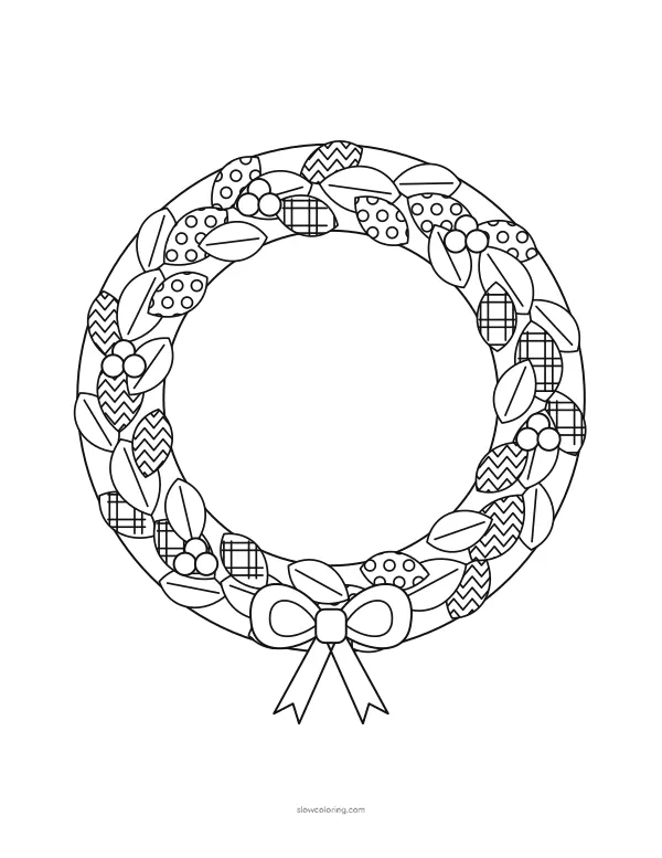 Wreath of leaves, some filled with tangle patterns, with berries and a bow