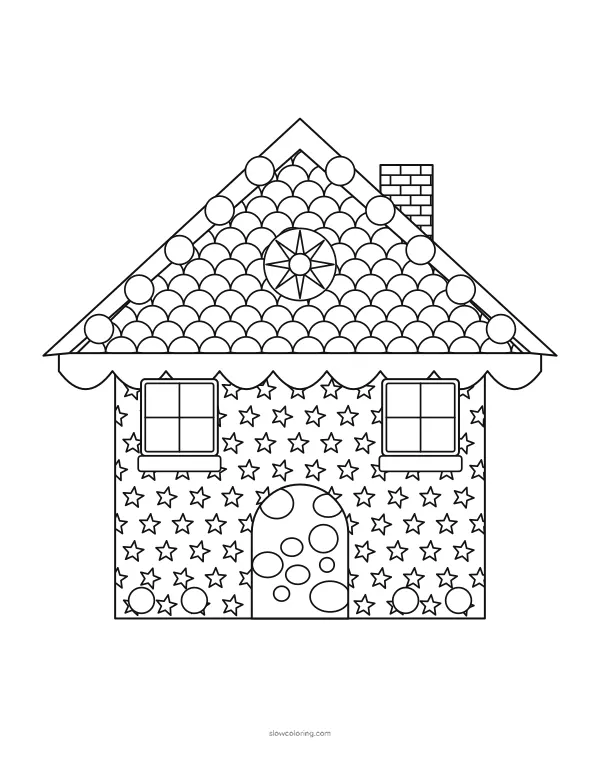 Gingerbread house front with a shingled roof, icing trim, windows and a patterned door
