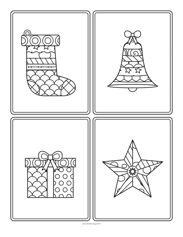 Four Christmas shapes in frames: stocking, bell, gift box and star, each filled with patterns