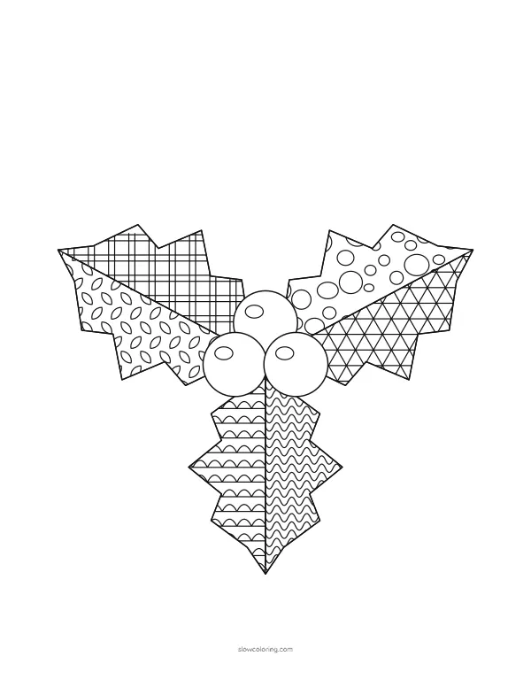 Large holly sprig with each leaf half filled with a fine pattern and three berries