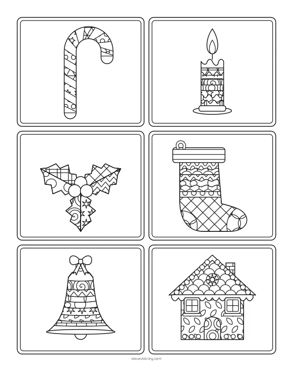 Six framed Christmas shapes with fine patterns: striped hook, candle, holly, stocking, bell and house