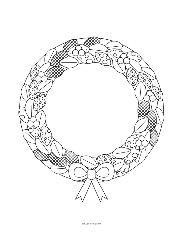 Detailed leaf wreath with many patterned leaves, berry clusters and a bow