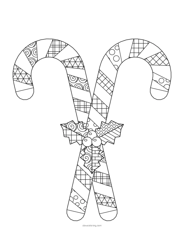 Two crossed striped hooks with finely patterned stripes and a holly sprig