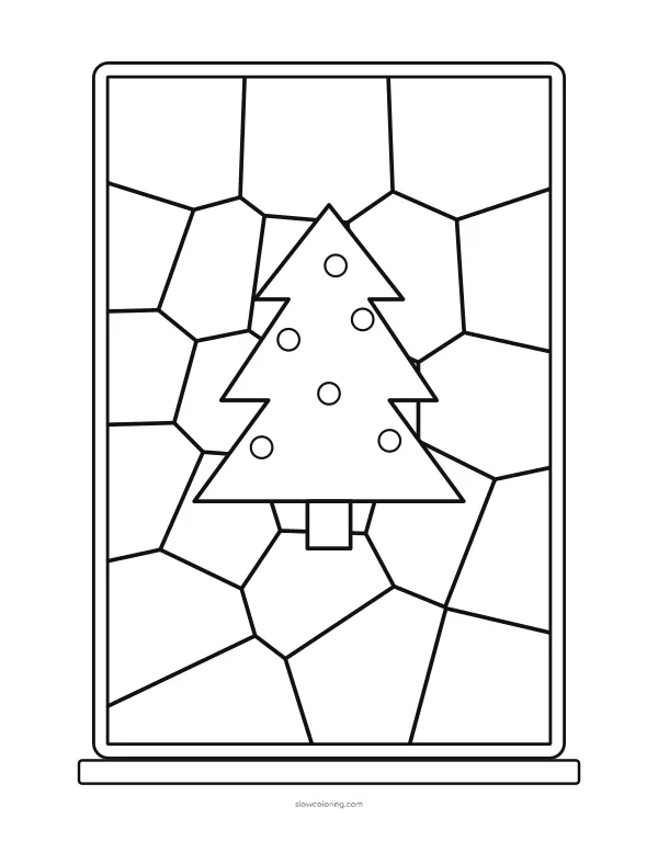 Christmas Window coloring page 05: tall rectangular window with a tree in the center, easy