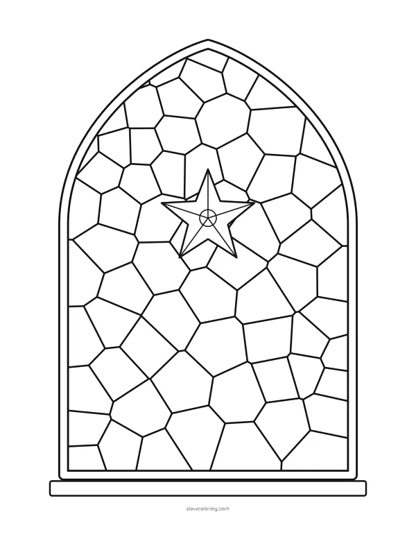 Christmas Window coloring page 06: pointed gothic window with a star in the center, detailed