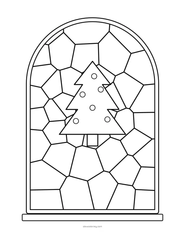 Christmas Window coloring page 07: arched window with a tree in the center, medium