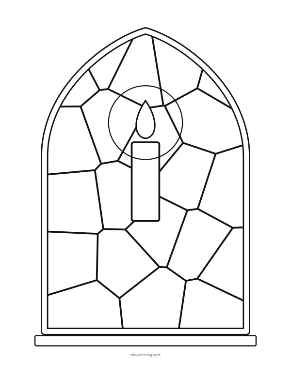 Christmas Window coloring page 08: pointed gothic window with a candle in the center, easy