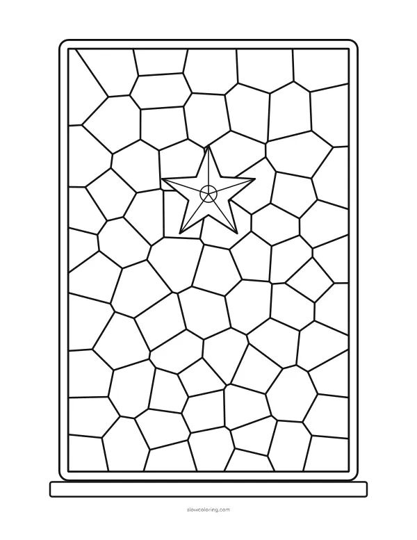 Christmas Window coloring page 09: tall rectangular window with a star in the center, detailed